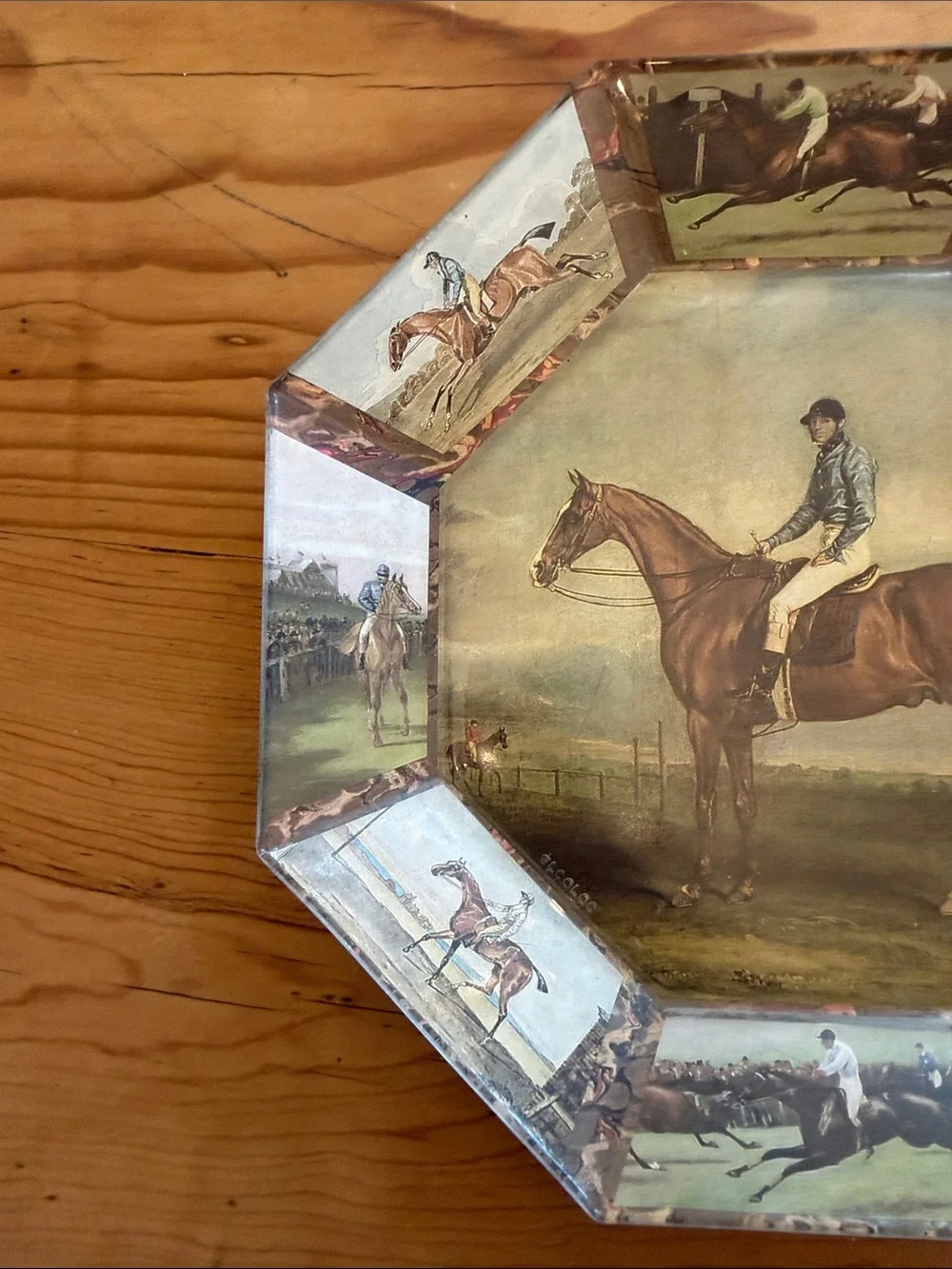 Equestrian octagon plate featuring a jockey on his horse, beautiful